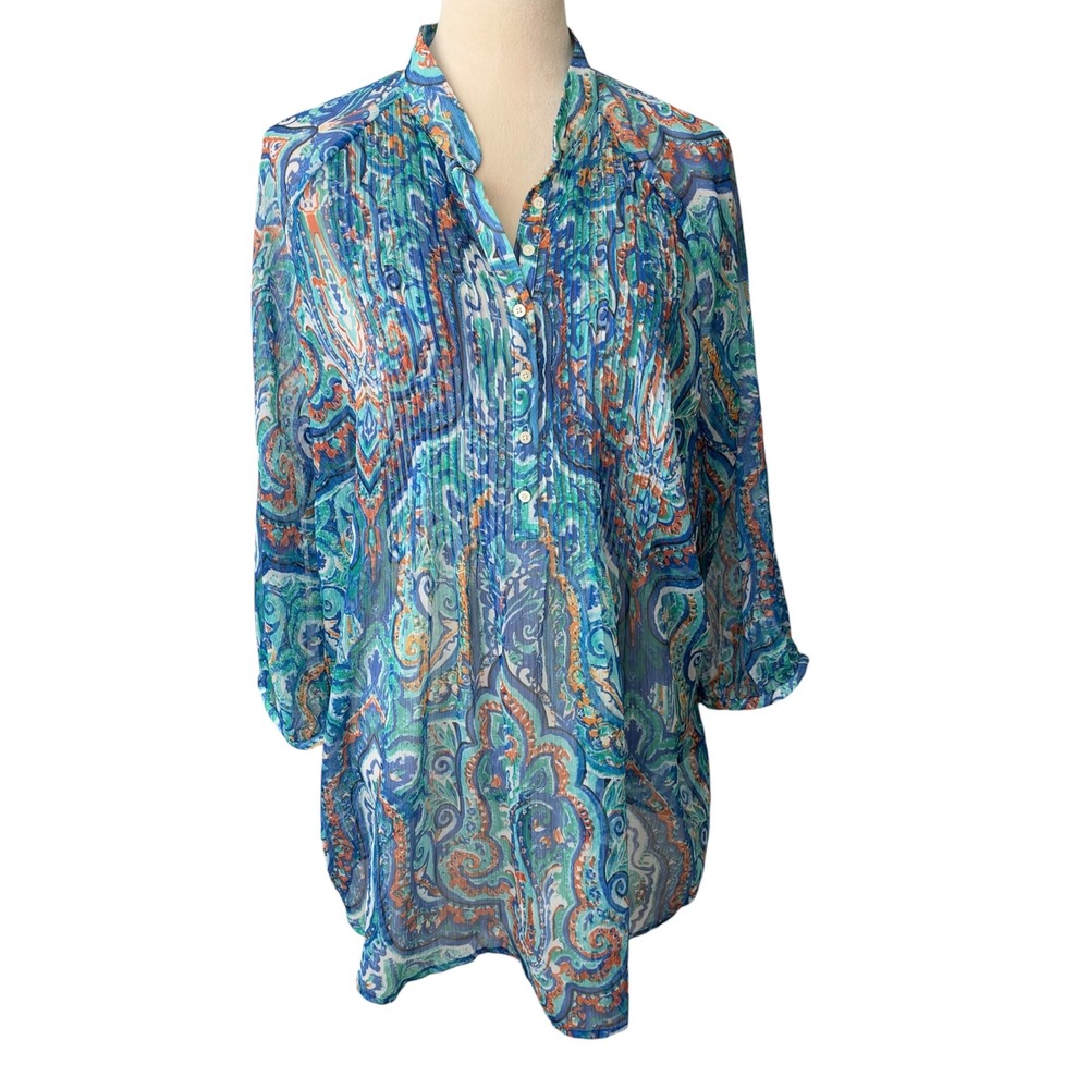 Lauren Ralph Lauren Semi Sheer Paisley Top Womens 1X Boho Pleated Blue Blouse